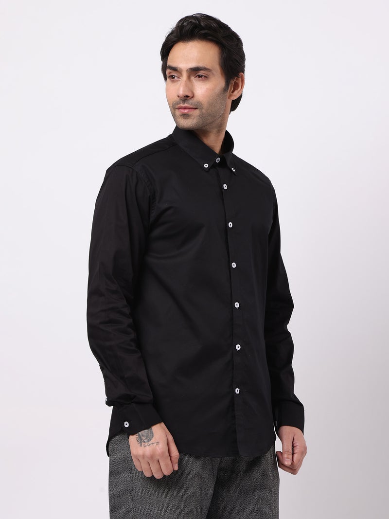 Maniac Mens Solid Collared Neck Full Sleeve Soft Twill Fabric Black Shirt - Image 4